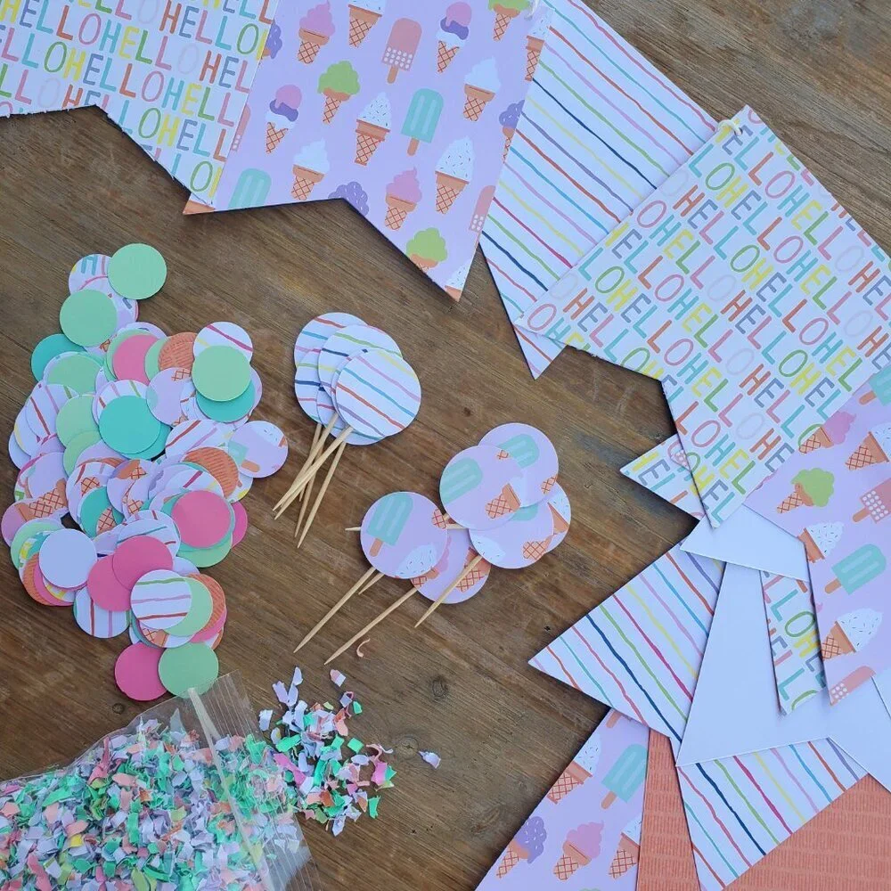 Pastel Ice Cream Party Decorations Set with Banners & Confetti